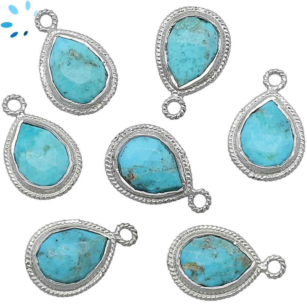 Turquoise Pear Twisted Wire Bezel Charm Pendant 10x8 - 12x9mm - Platinum Plated Sterling Silver - Set of 4