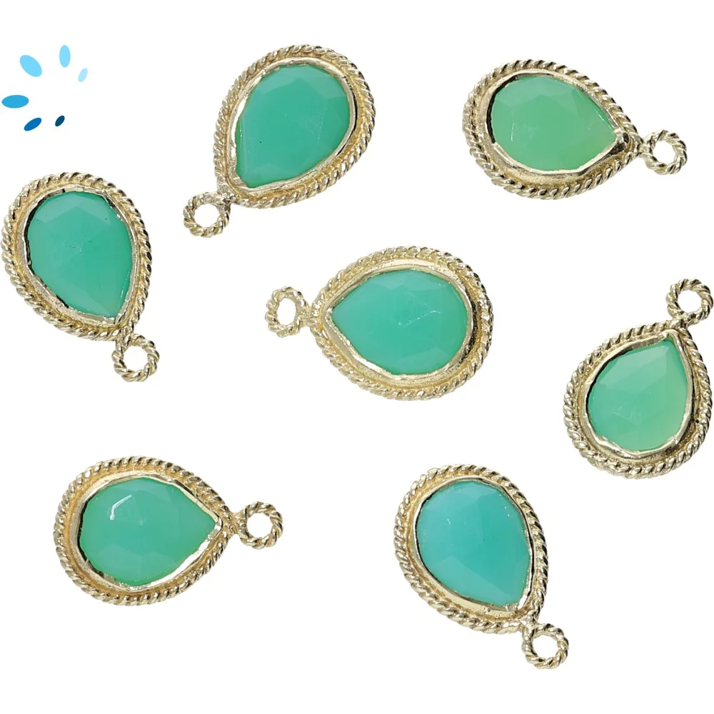 Chrysoprase Chalcedony Pear Twisted Wire Bezel Pendant Charm 10x8 - 12x9mm - 18k Gold Plated Sterling Silver - Set of 4