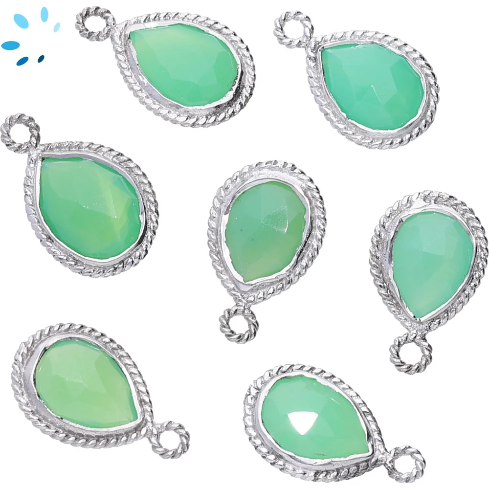 Chrysoprase Chalcedony Pear Twisted Wire Bezel Charm Pendant 10x8 - 12x9mm - Platinum Plated Sterling Silver - Set of 4