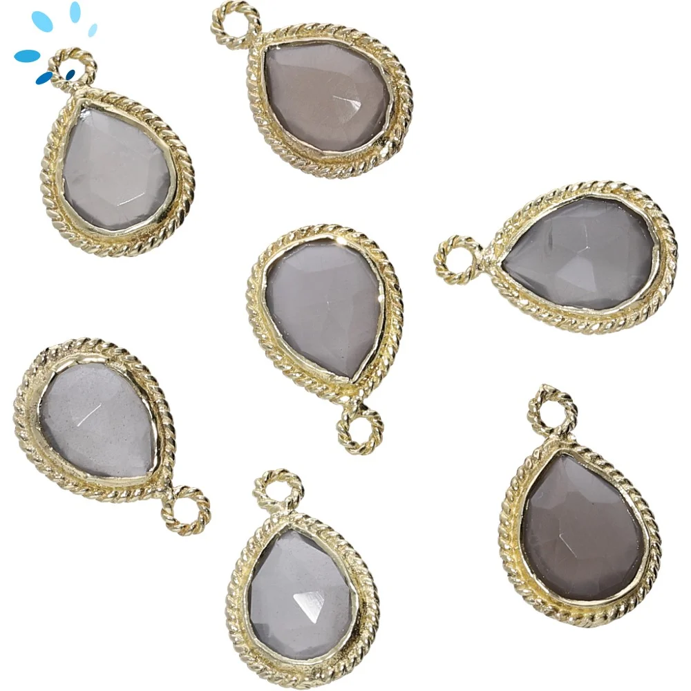 Gray Moonstone Pear Twisted Wire Bezel Pendant Charm 10x8 - 12x9mm - 18k Gold Plated Sterling Silver - Set of 4