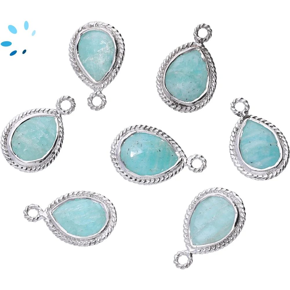 Amazonite Pear Twisted Wire Bezel Charm Pendant 10x8 - 12x9mm - Platinum Plated Sterling Silver - Set of 4