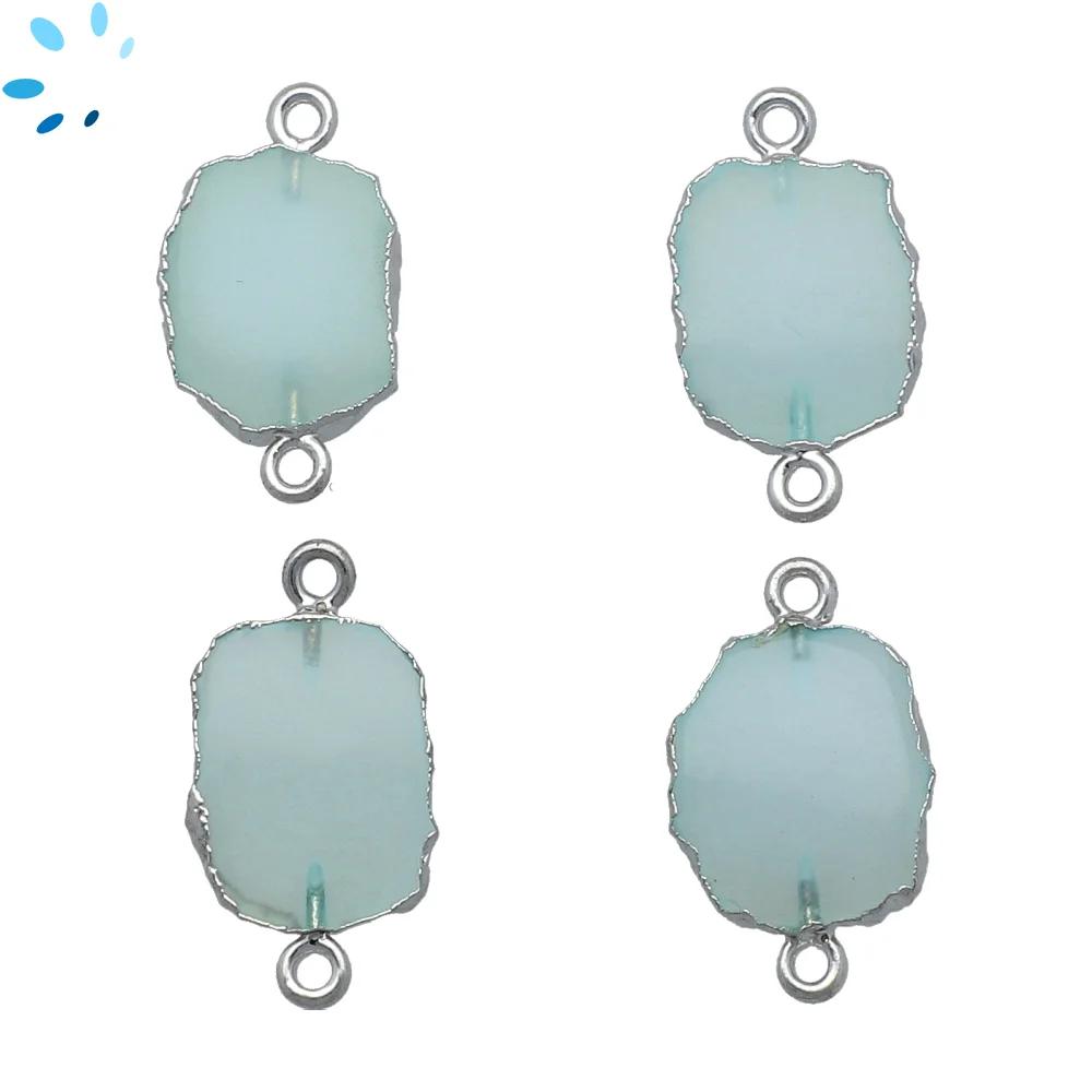 Aqua Chalcedony Slice Connector 12x10 - 14x12mm Silver Electroplated - Set of 4