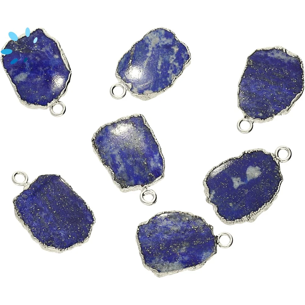 Lapis Slice Charm Pendant 14x10 - 16x12mm Silver Electroplated -  Set of 4