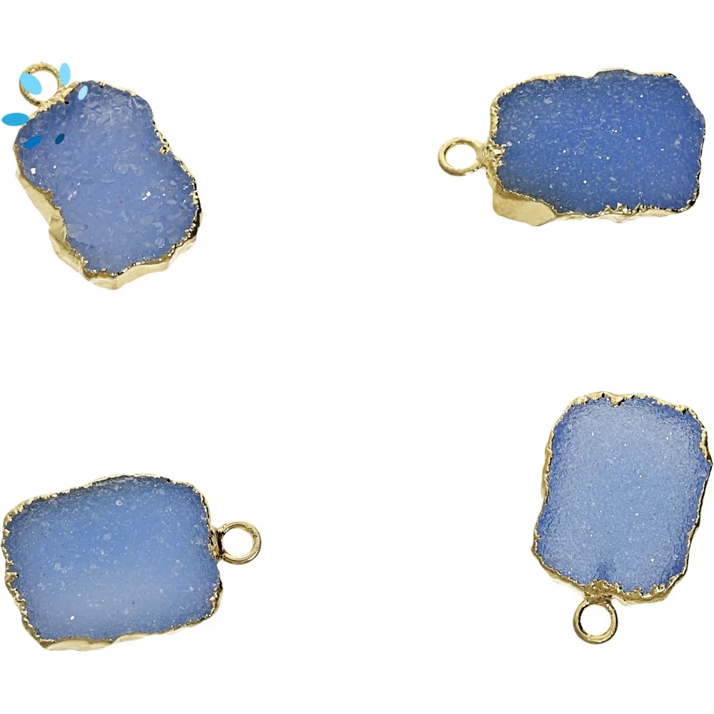 Blue Druzy Slice Charm Pendant 14x10 - 16x12mm 18k Gold Electroplated -  Set of 4