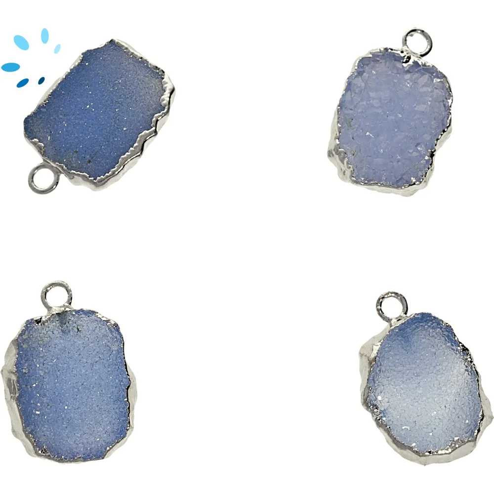 Blue Druzy Slice Pendant Charm 14x10 - 16x12mm Silver Electroplated -  Set of 4