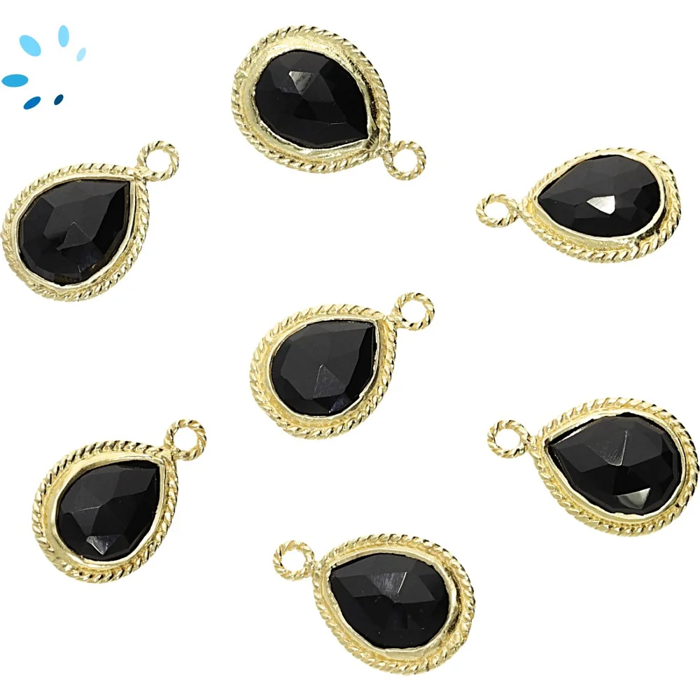 Black Onyx Pear Twisted Wire Bezel Pendant Charm 11x9mm - 18k Gold Plated Sterling Silver - Set of 4