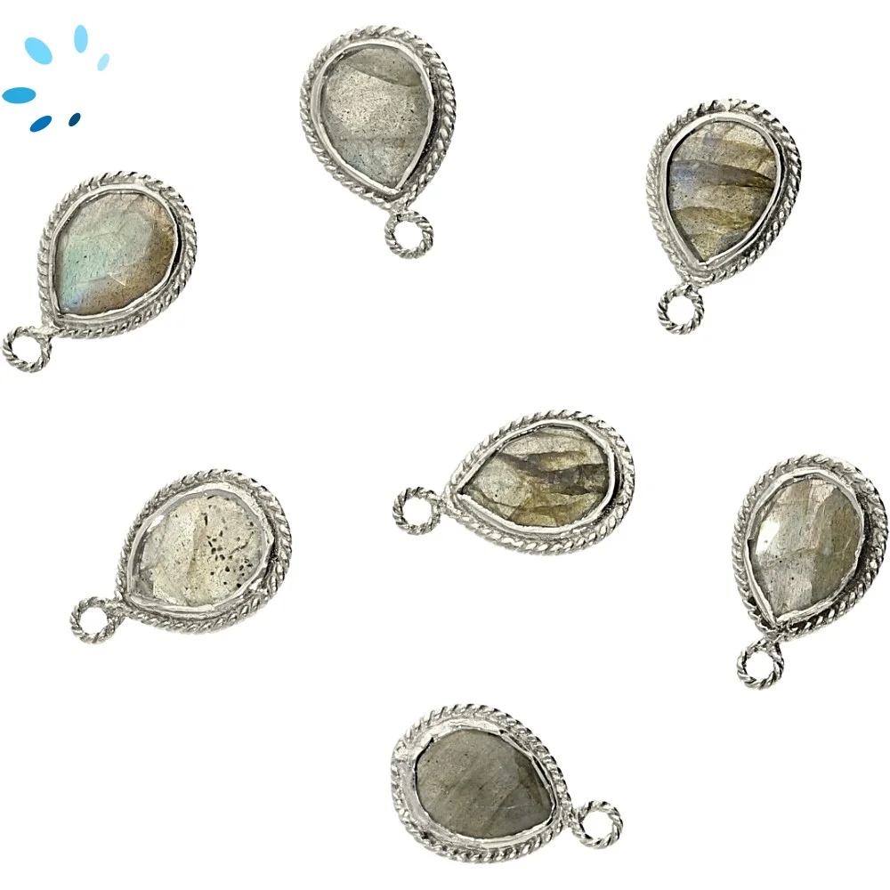 Labradorite Pear Twisted Wire Bezel Pendant Charm 11x9mm - Silver Plated Sterling Silver - Set of 4