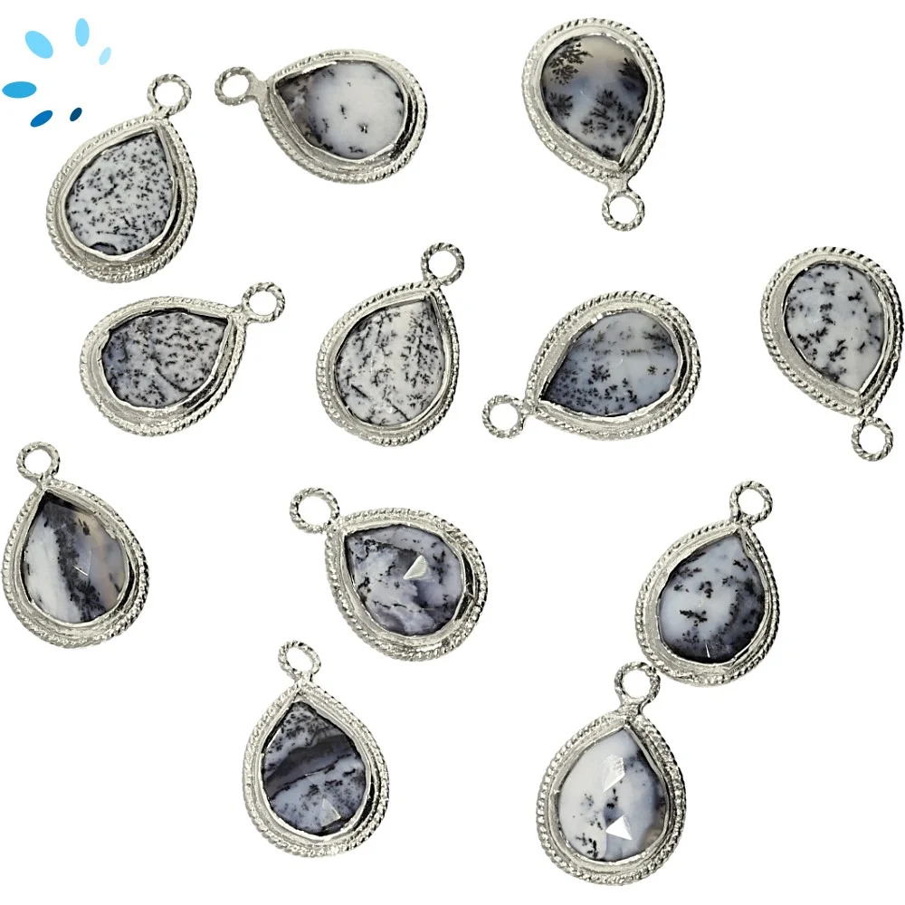Dendrite Opal Pear Twisted Wire Bezel Pendant Charm 11x9mm - Silver Plated Sterling Silver - Set of 4