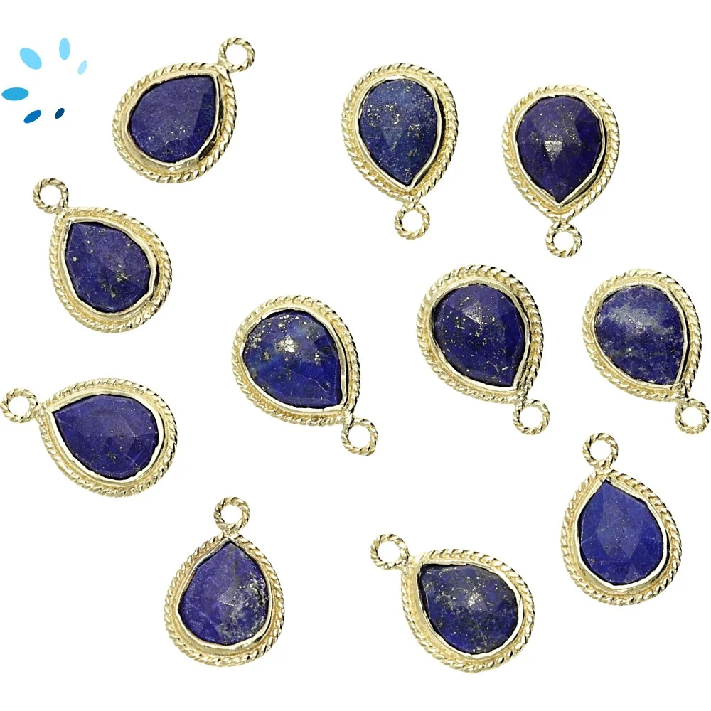 Lapis Pear Twisted Wire Bezel Charm Pendant 11x9mm - 18k Gold Plated Sterling Silver - Set of 4