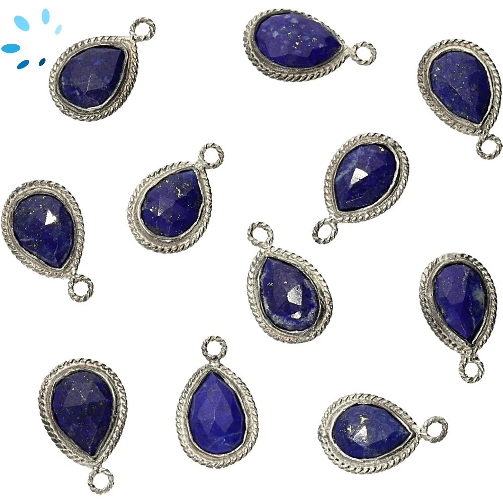 Lapis Pear Twisted Wire Bezel Pendant Charm 11x9mm - Silver Plated Sterling Silver - Set of 4