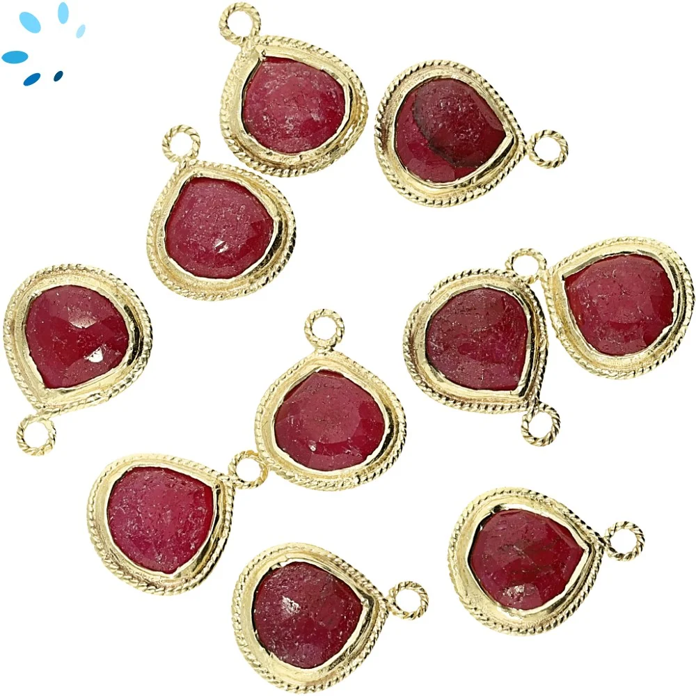 Ruby Heart Twisted Wire Bezel Charm Pendant 10mm - 18k Gold Plated Sterling Silver - Set of 4