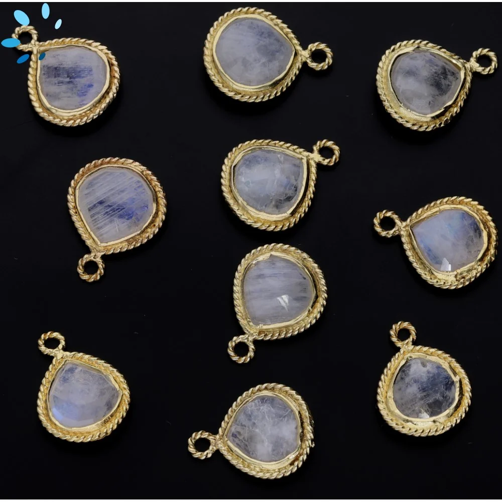 Rainbow Moonstone Heart Twisted Wire Bezel Pendant Charm 10mm - 18k Gold Plated Sterling Silver - Set of 4
