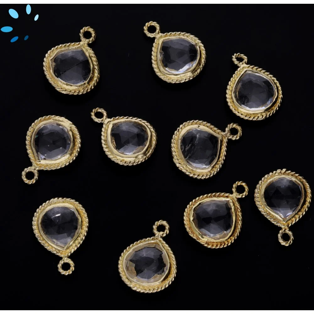 Crystal Quartz Heart Twisted Wire Bezel Charm Pendant 10mm - 18k Gold Plated Sterling Silver - Set of 4