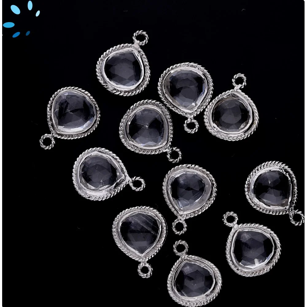 Crystal Quartz Heart Twisted Wire Bezel Pendant Charm 10mm - Silver Plated Sterling Silver - Set of 4