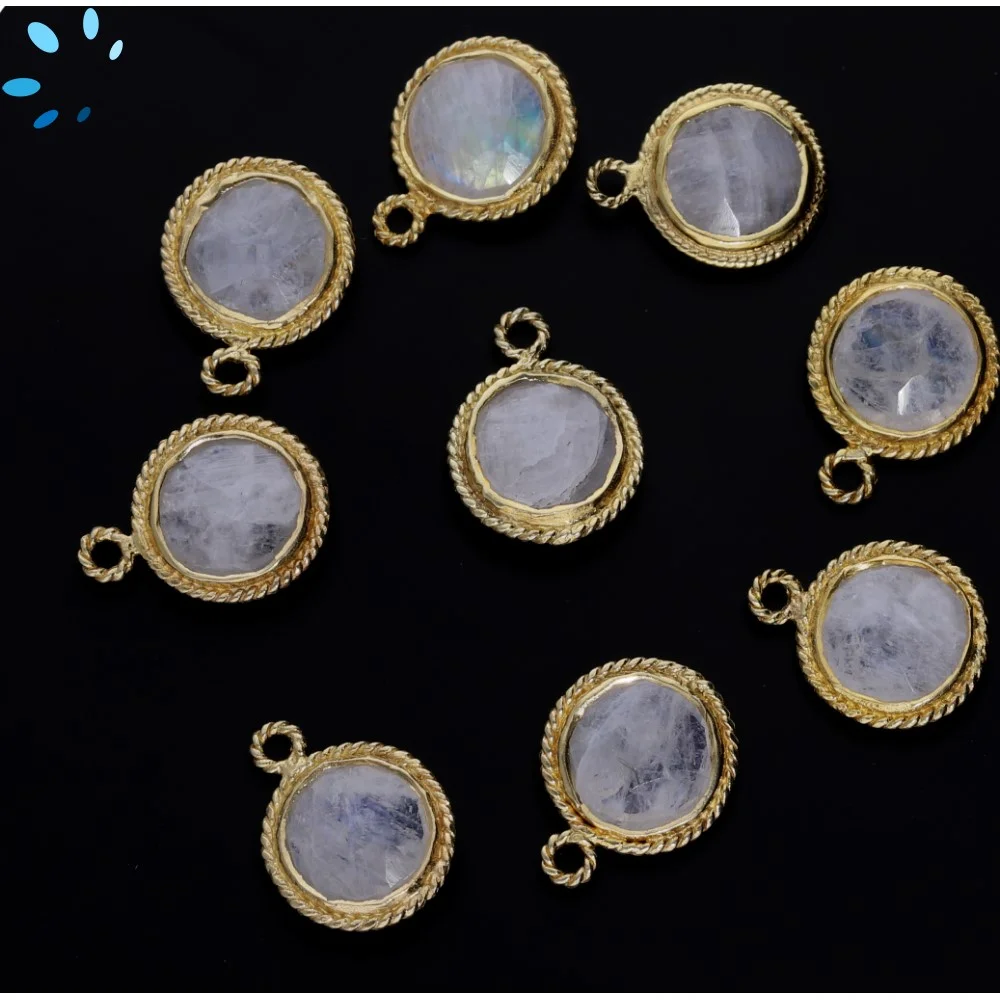 Rainbow Moonstone Coin Twisted Wire Bezel Pendant Charm 9mm - 18k Gold Plated Sterling Silver - Set of 4