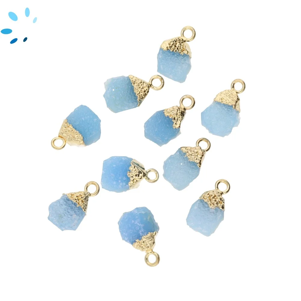 Blue Druzy Rough Charm Pendant 9x7mm 18k Gold Electroplated - Set of 4