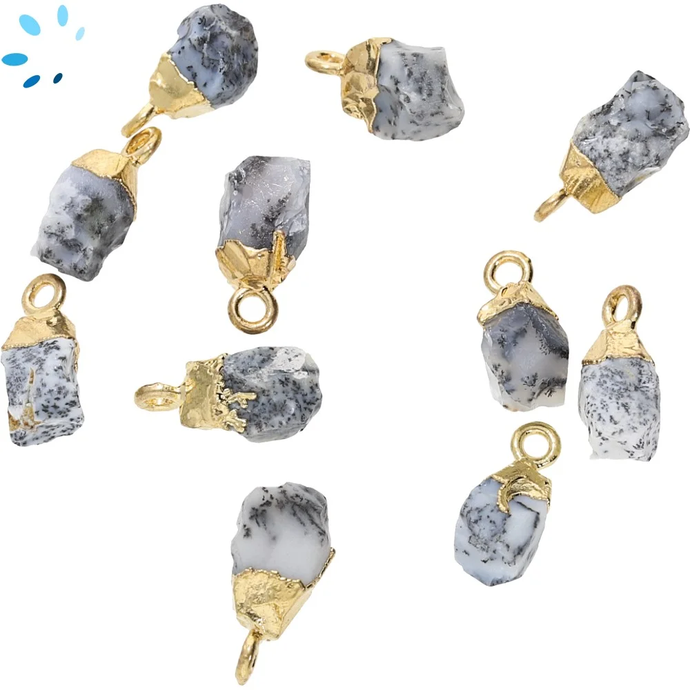 Dendrite Opal Rough Pendant Charm 9x7mm 18k Gold Electroplated - Set of 4