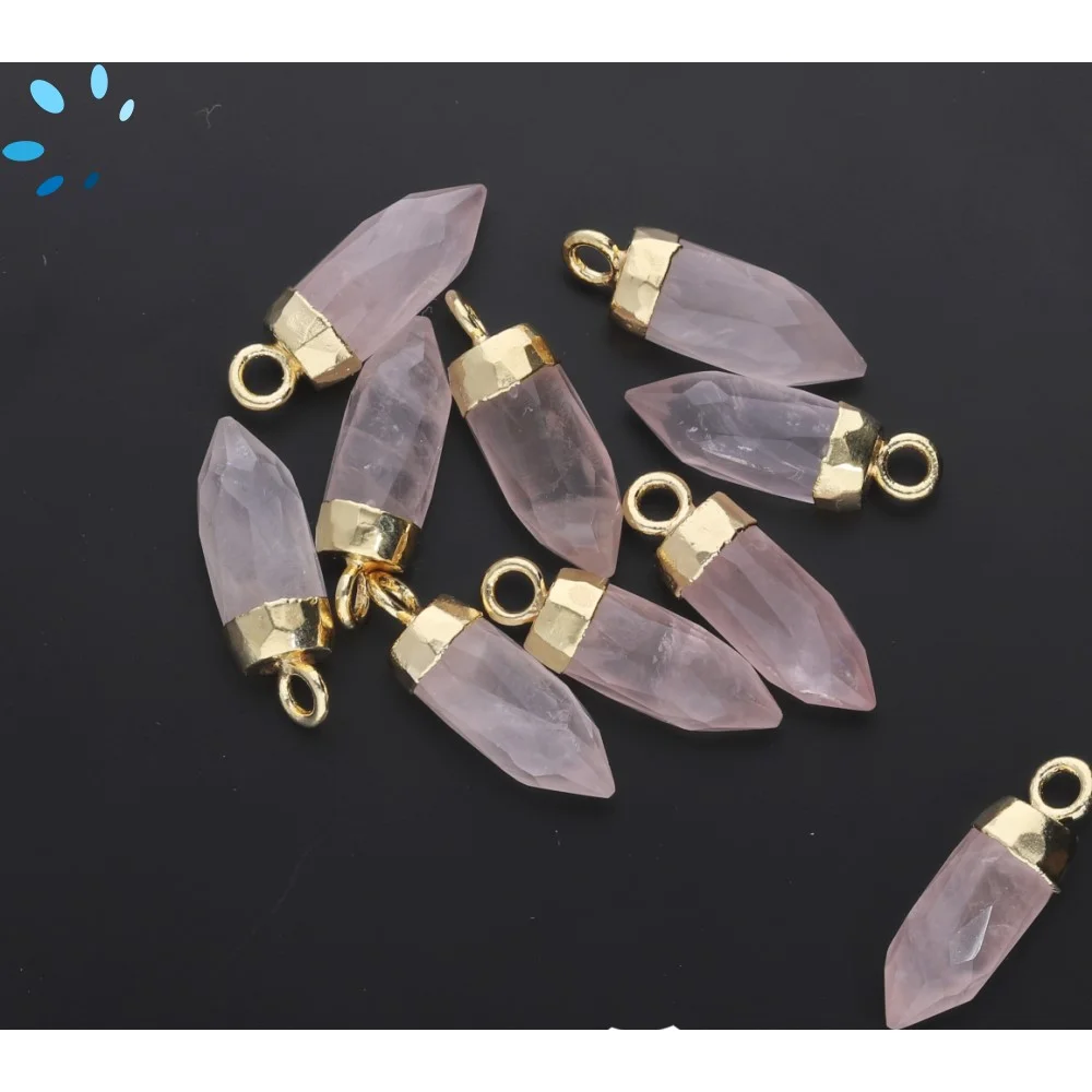 Rose Quartz Spike Pendant Charm 12x5 - 14x6mm 18k Gold Electroplated - Set of 4