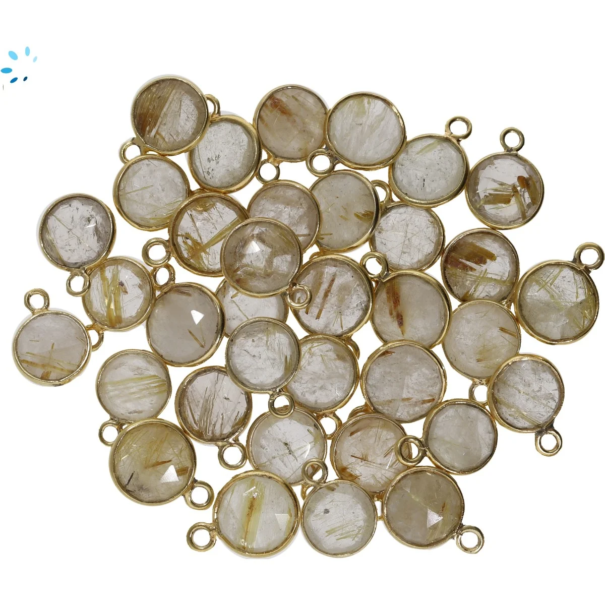 Rutilated Quartz Coin Bezel Charm Pendant 9mm - 18k Gold Plated Sterling Silver - Set of 4