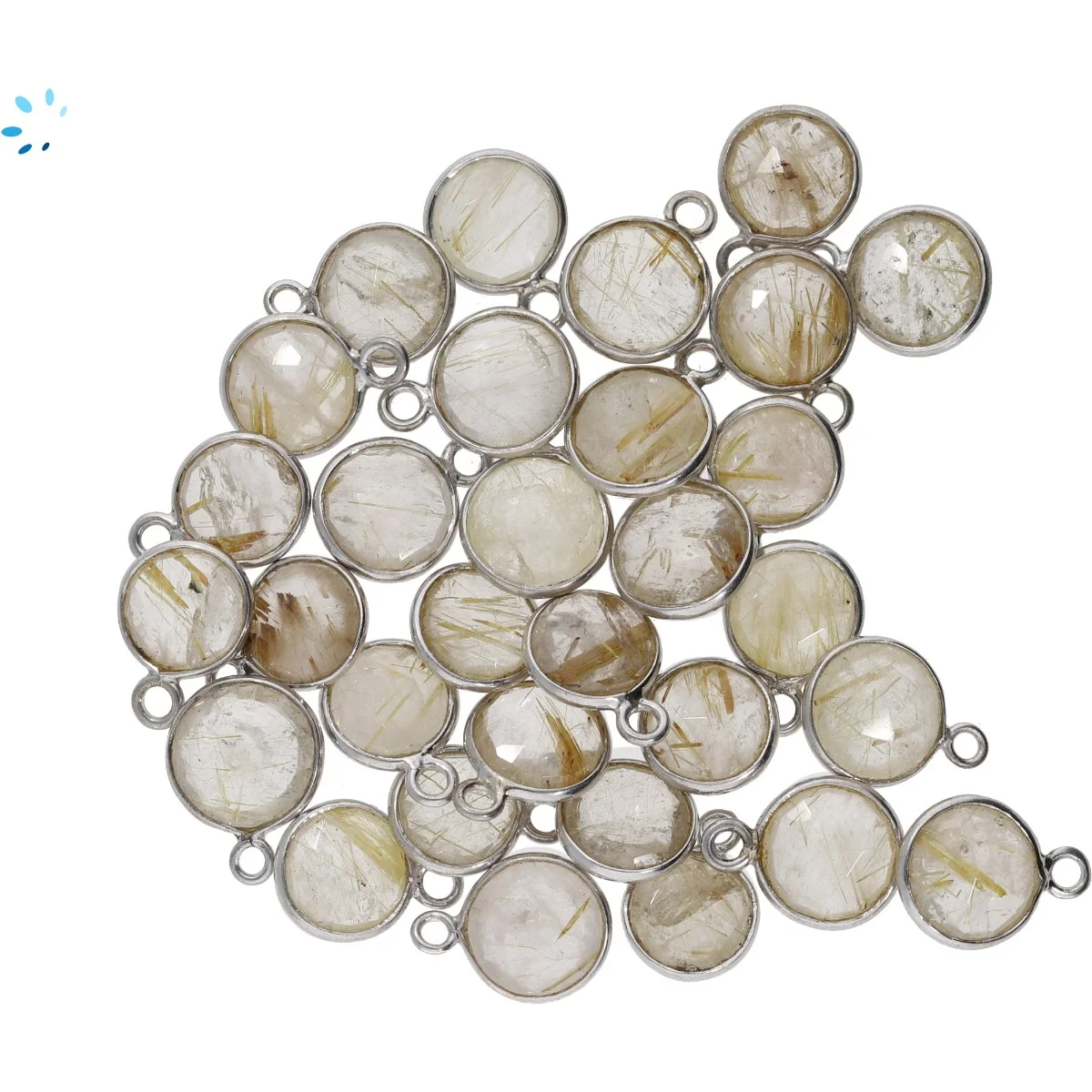 Rutilated Quartz Coin Bezel Pendant Charm 9mm - Platinum Plated Sterling Silver - Set of 4