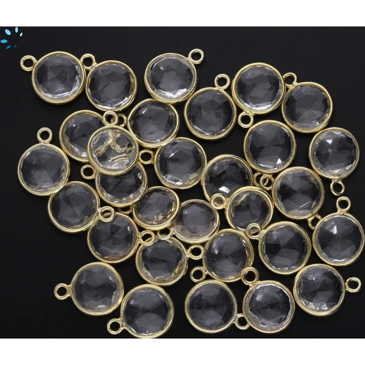 Crystal Quartz Coin Bezel Charm Pendant 9mm - 18k Gold Plated Sterling Silver - Set of 4