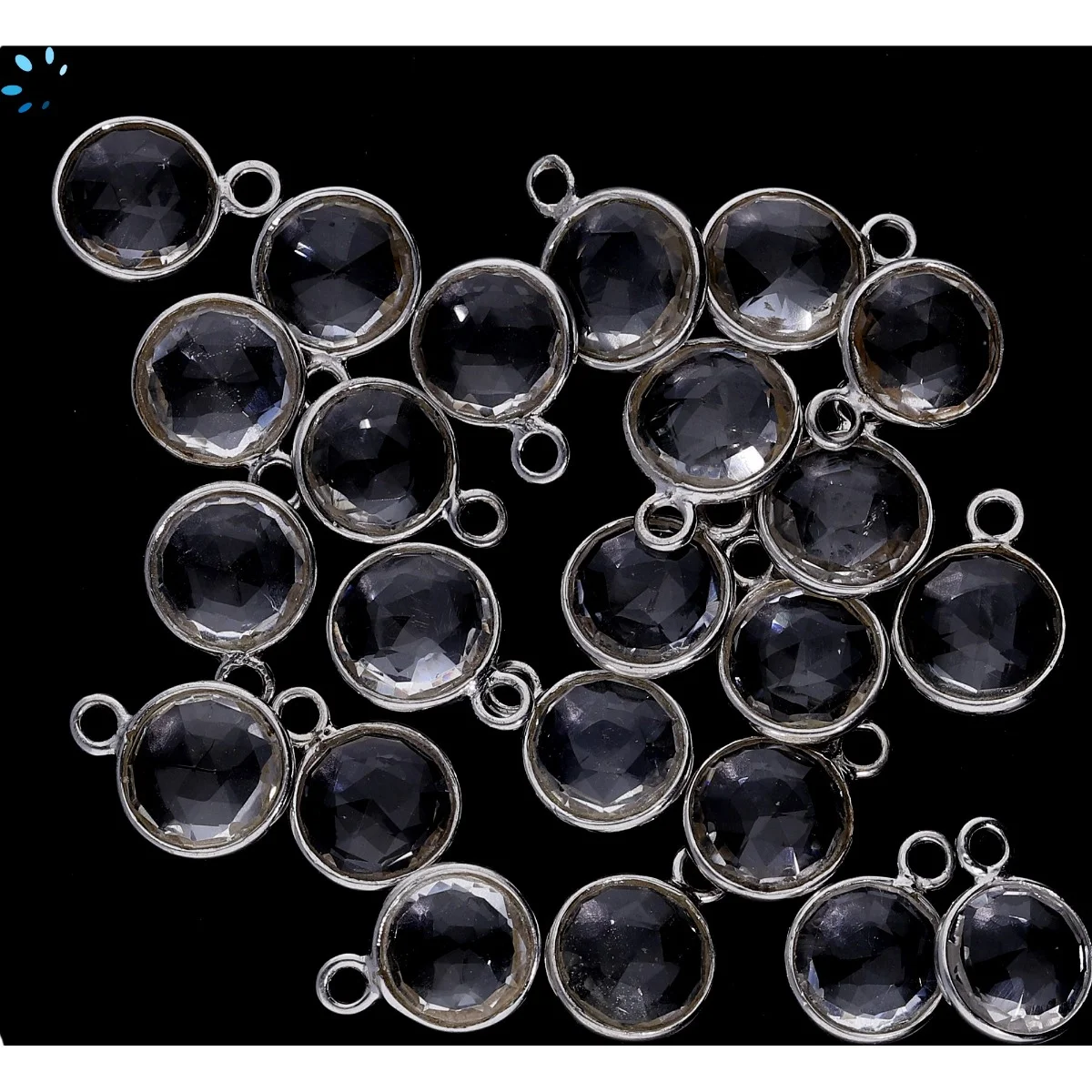 Crystal Quartz Coin Bezel Pendant Charm 9mm - Platinum Plated Sterling Silver - Set of 4