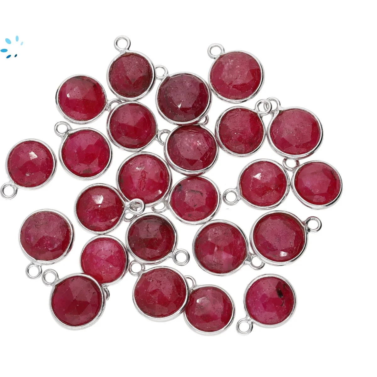Ruby Dyed Corundum Coin Bezel Charm Pendant 9mm - Platinum Plated Sterling Silver - Set of 4