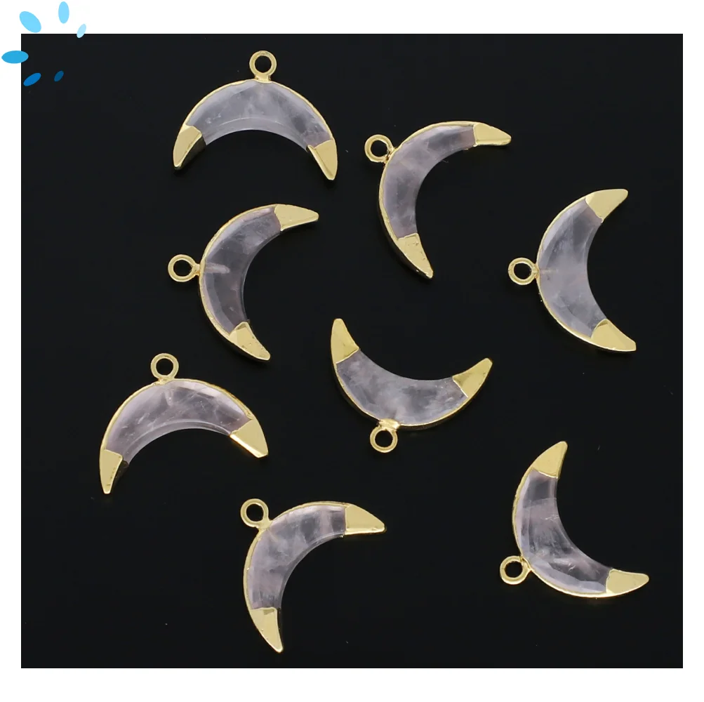 Rose Quartz Moon Pendant Charm 15x5 - 17x6mm 18k Gold Electroplated - Set of 4