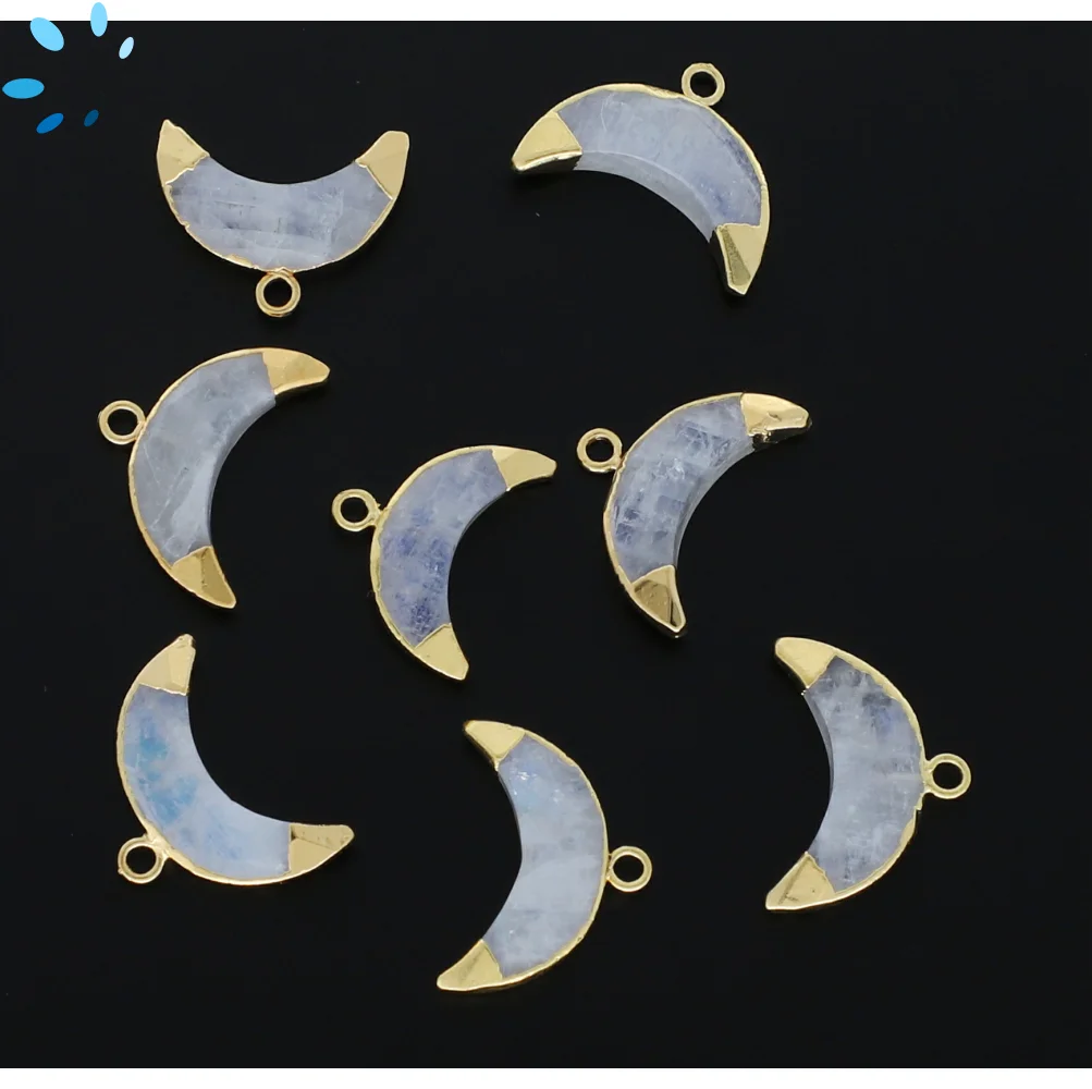 Rainbow Moonstone Moon Pendant Charm 15x5 - 17x6mm 18k Gold Electroplated - Set of 4