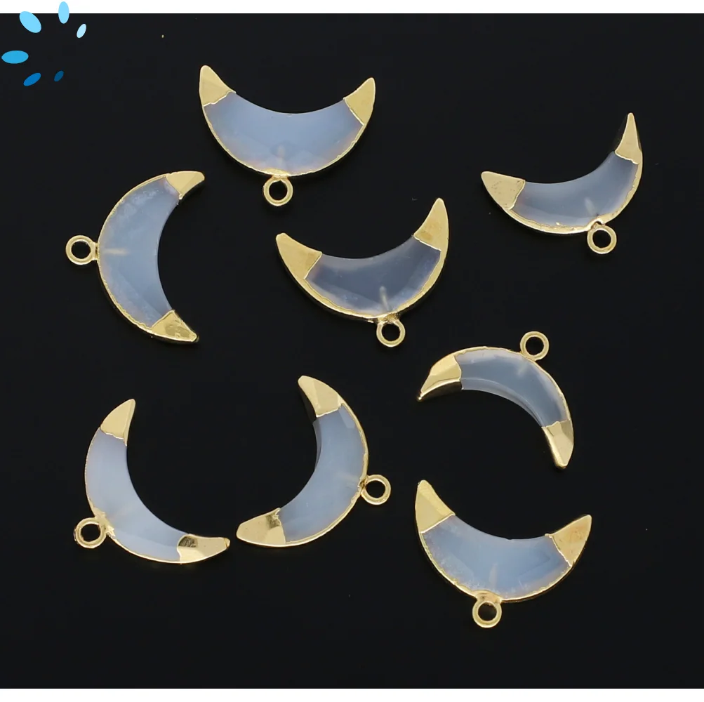 Mystic White Chalcedony Moon Charm Pendant 15x5 - 17x6mm 18k Gold Electroplated - Set of 4