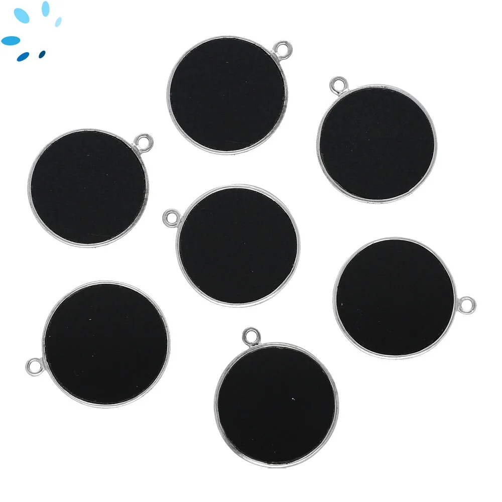 Black Onyx Coin Bezel Pendant Charm 19mm - Platinum Plated Sterling Silver - Set of 2