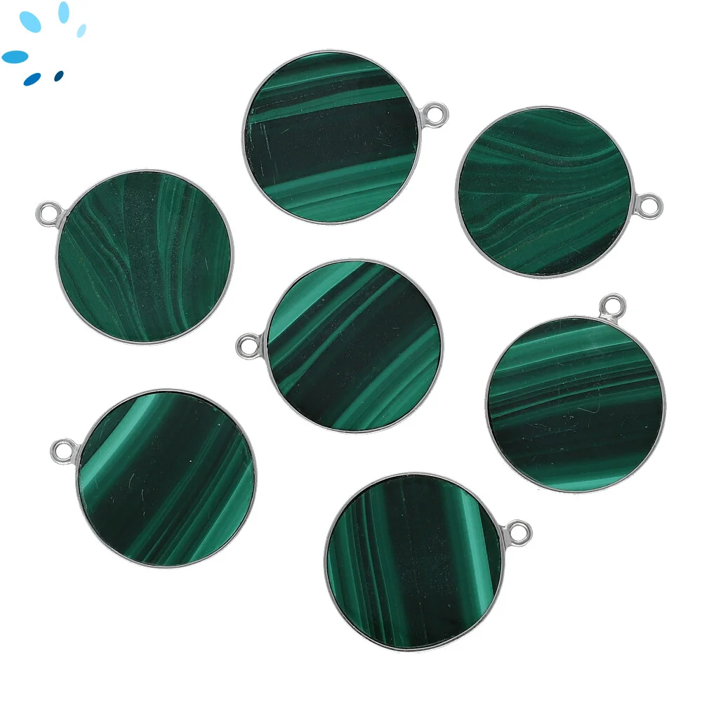 Malachite Coin Bezel Charm Pendant 19mm - Platinum Plated Sterling Silver - Set of 2
