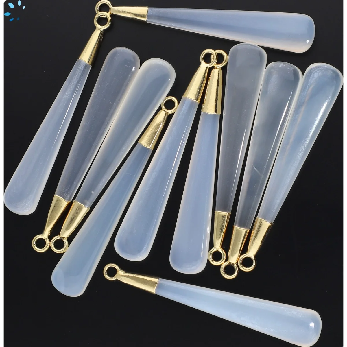 White Chalcedony Long Drop Pendant Charm 39x6 - 41x6mm 18k Gold Electroplated - Set of 2