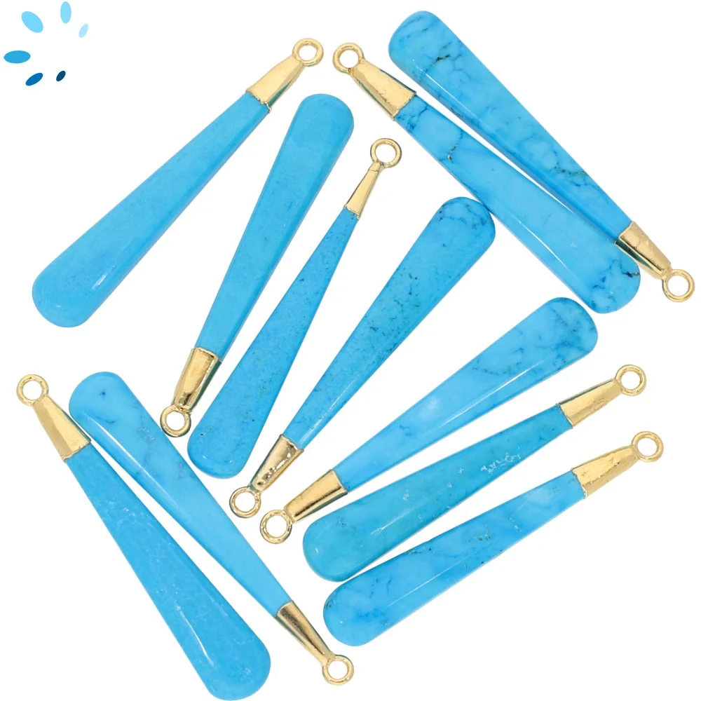 Turquoise Color Howlite Long Drop Charm Pendant 39x6 - 41x6mm 18k Gold Electroplated - Set of 2