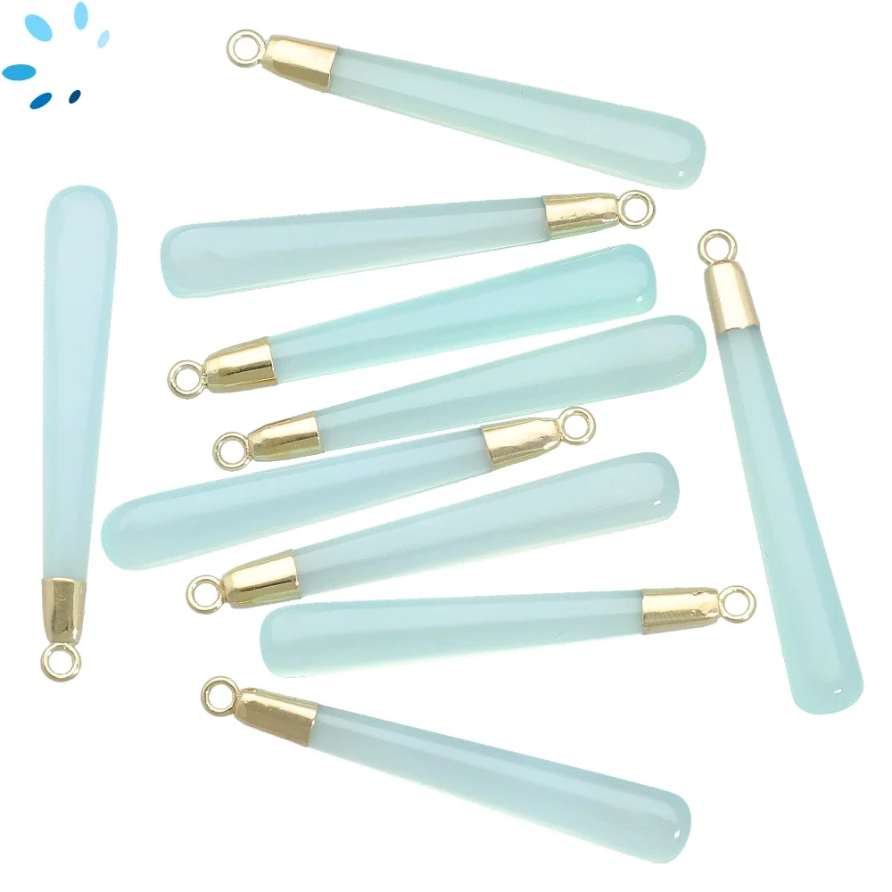 Aqua Chalcedony Long Drop Charm Pendant 39x6 - 41x6mm 18k Gold Electroplated - Set of 2