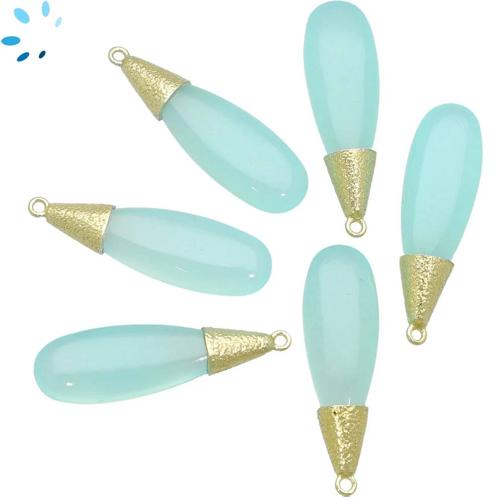 Aqua Chalcedony Long Drop Bezel Charm Pendant 30x10 - 35x12mm - 18k Gold Plated Sterling Silver - Set of 2
