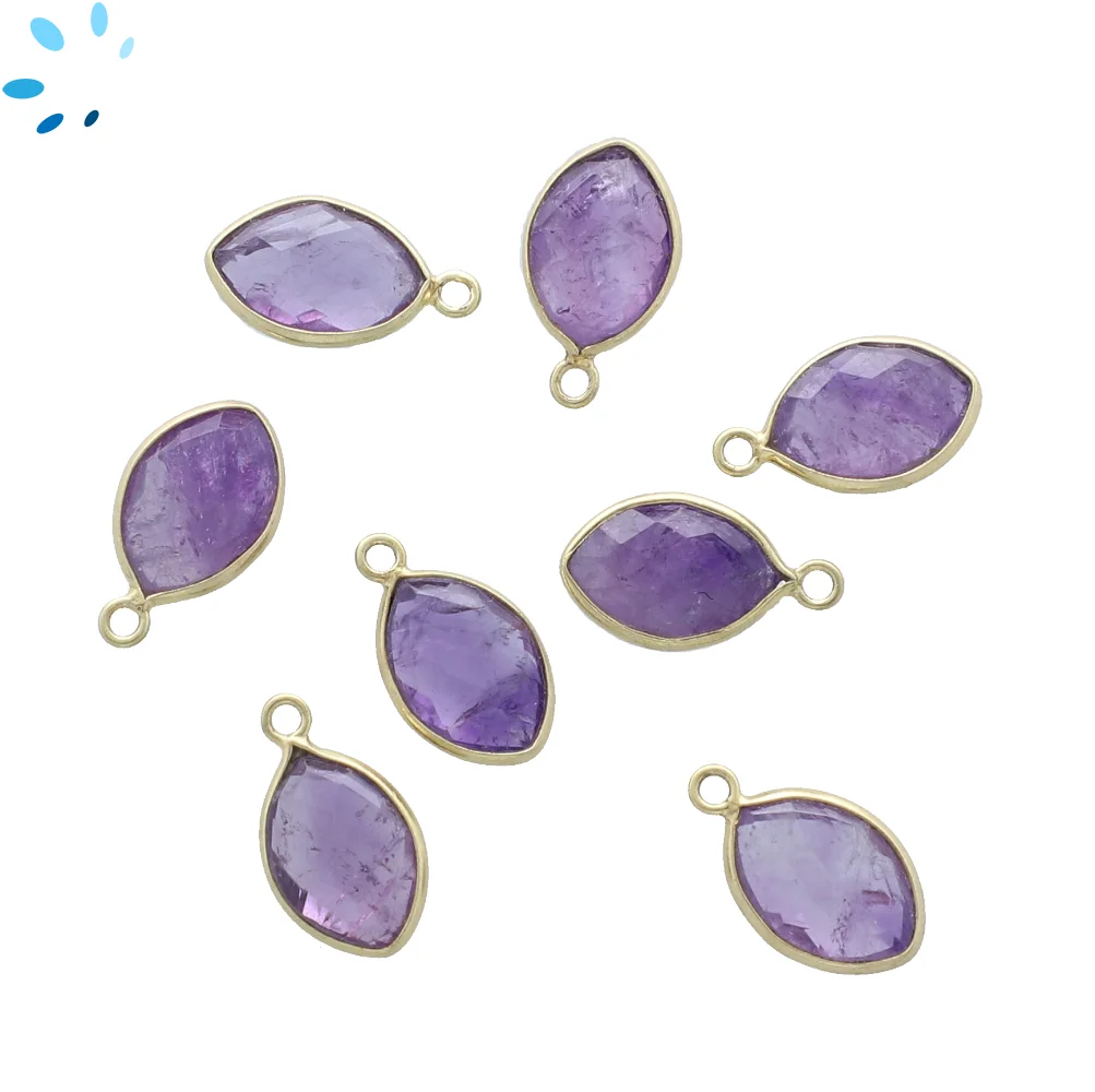 Amethyst Marquise Bezel Pendant Charm 12x8mm - 18k Gold Plated Sterling Silver - Set of 4