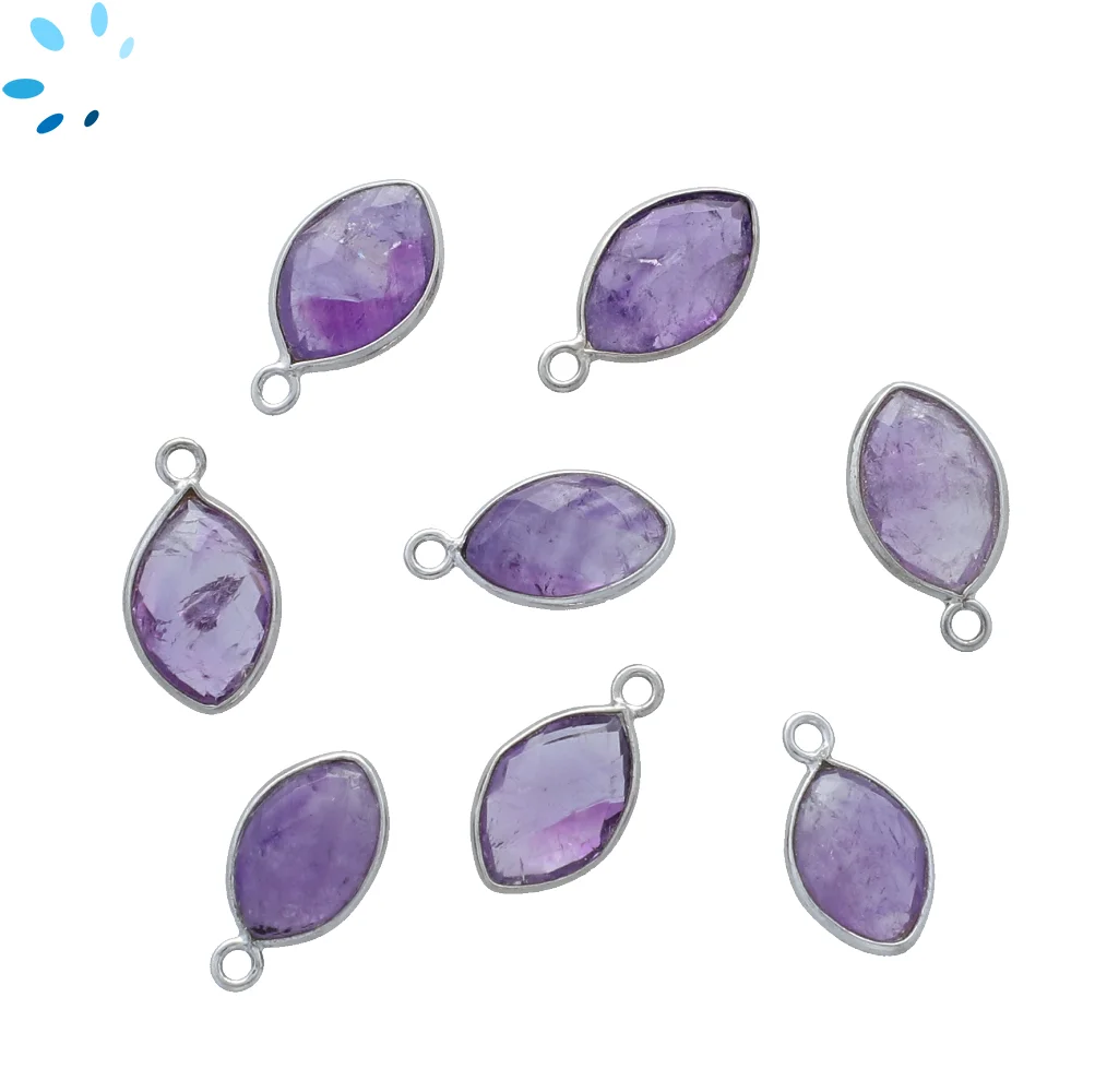 Amethyst Marquise Bezel Charm Pendant 12x8mm - Platinum Plated Sterling Silver - Set of 4