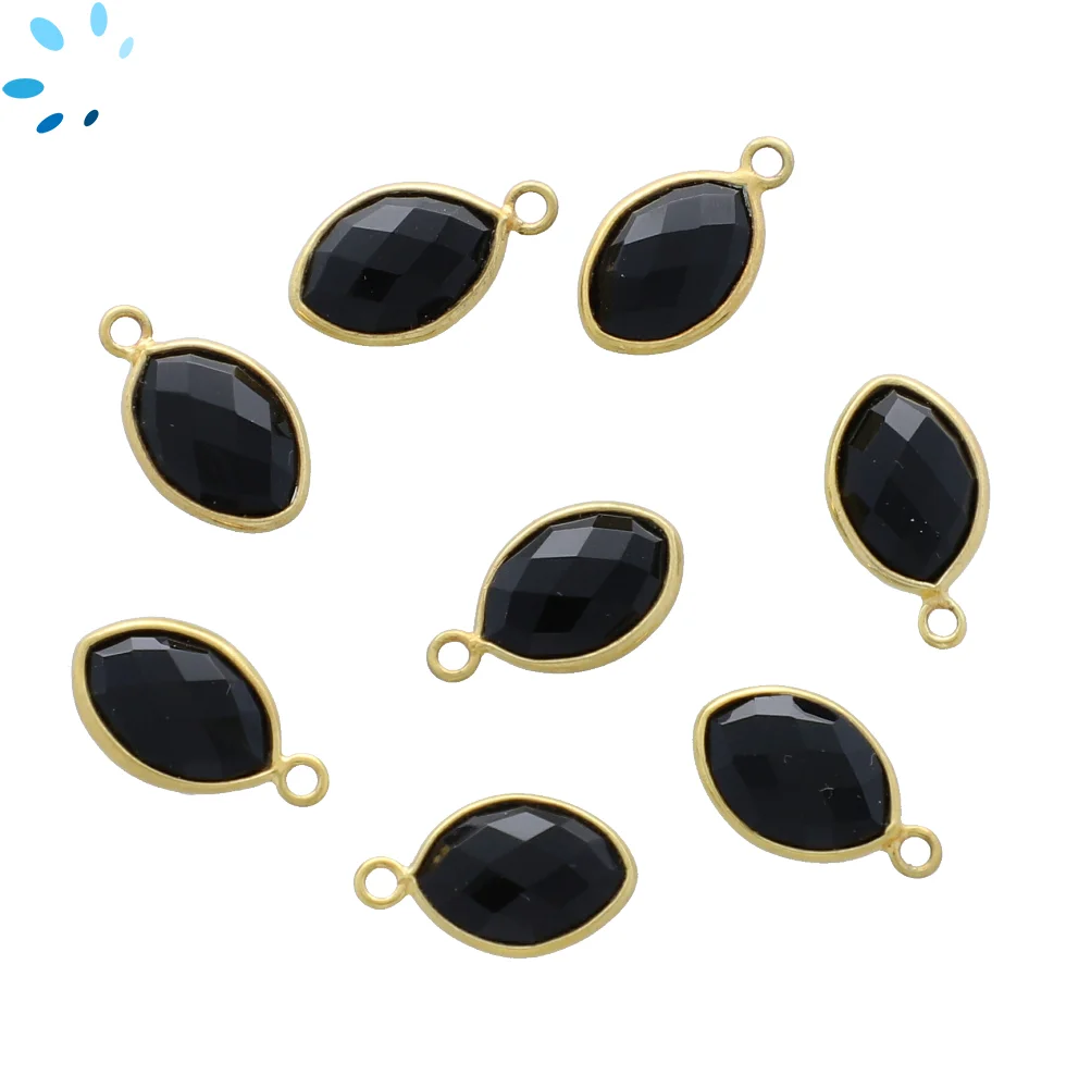 Black Onyx Marquise Bezel Pendant Charm 12x8mm - 18k Gold Plated Sterling Silver - Set of 4