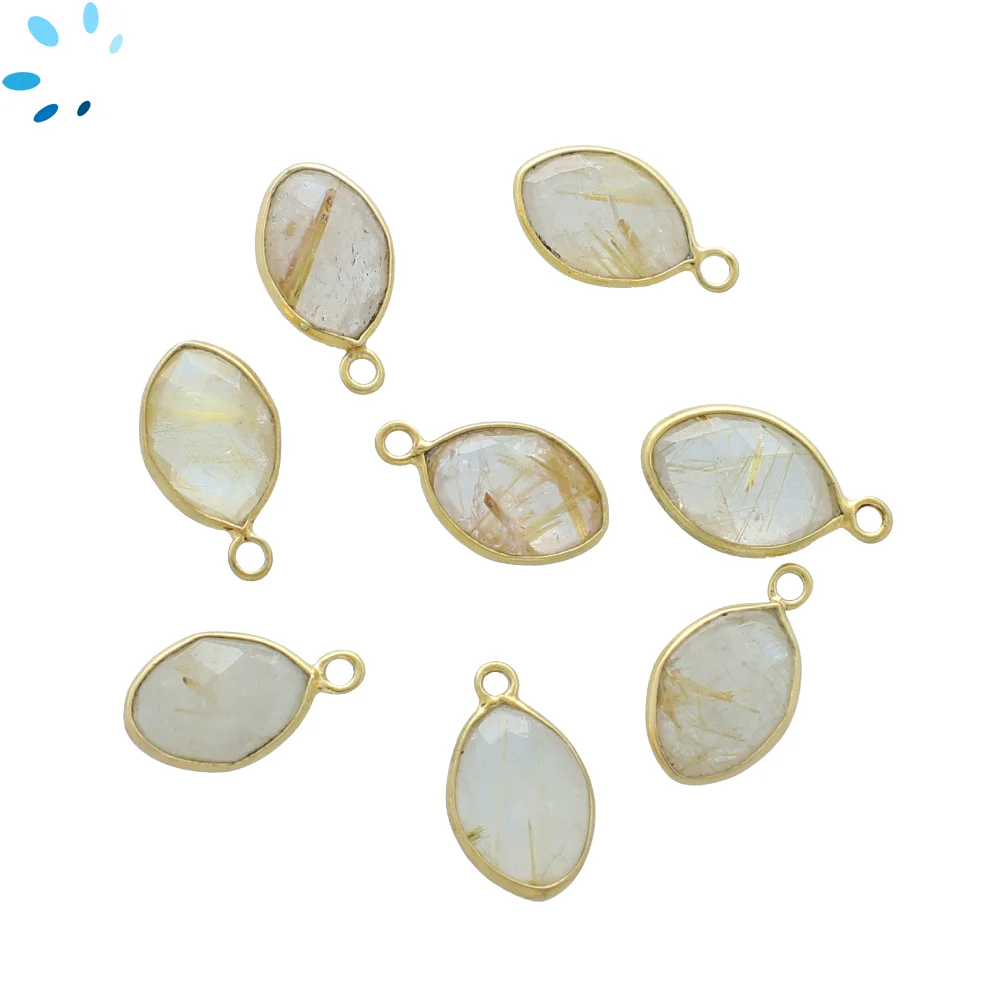 Rutilated Quartz Marquise Bezel Pendant Charm 12x8mm - 18k Gold Plated Sterling Silver - Set of 4
