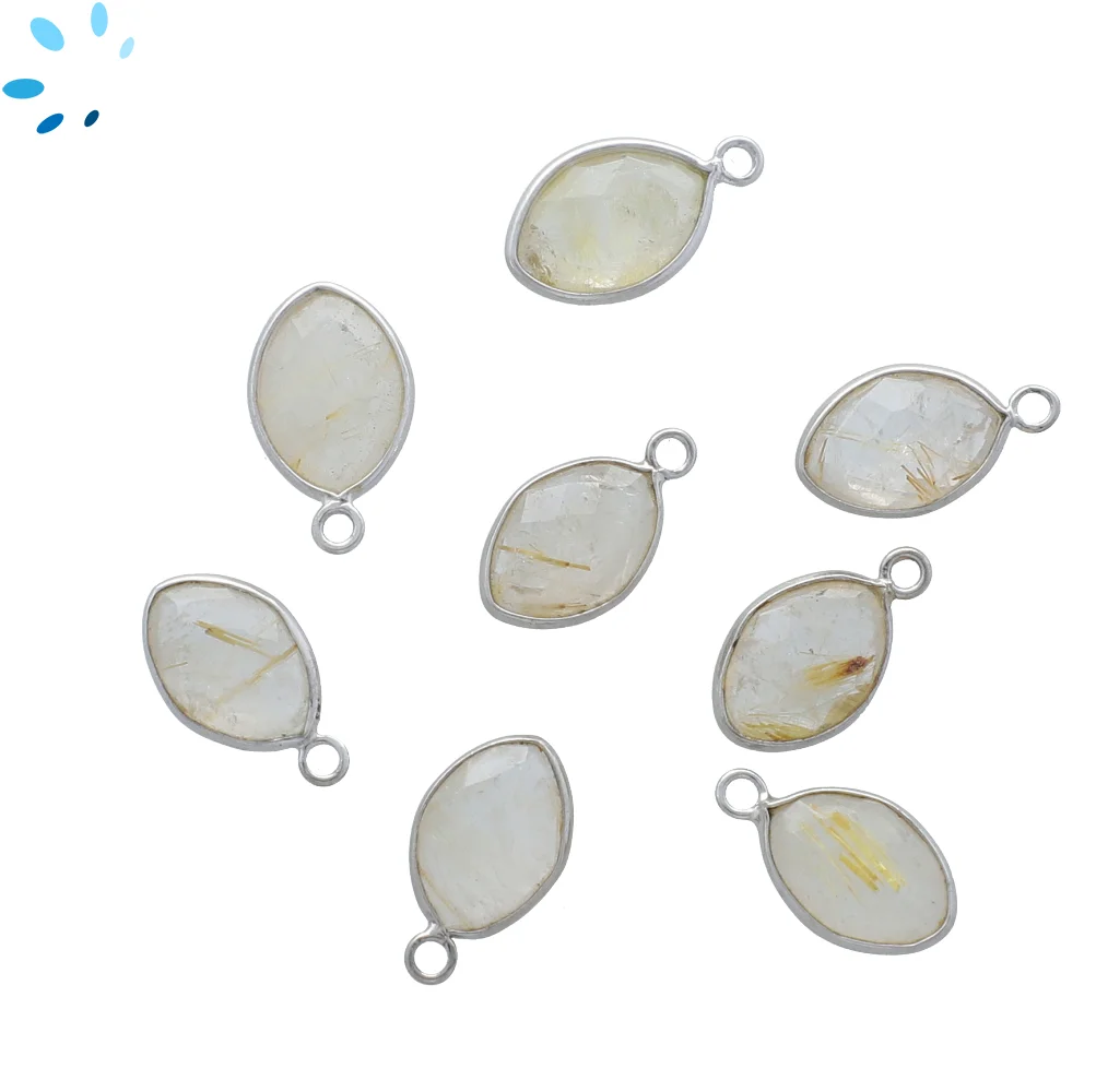 Rutilated Quartz Marquise Bezel Charm Pendant 12x8mm - Platinum Plated Sterling Silver - Set of 4