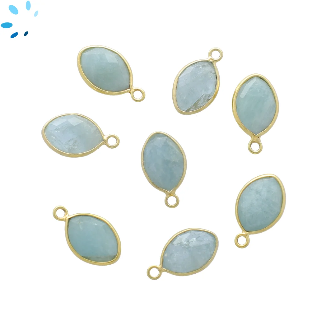 Aquamarine Marquise Bezel Pendant Charm 12x8mm - 18k Gold Plated Sterling Silver - Set of 4