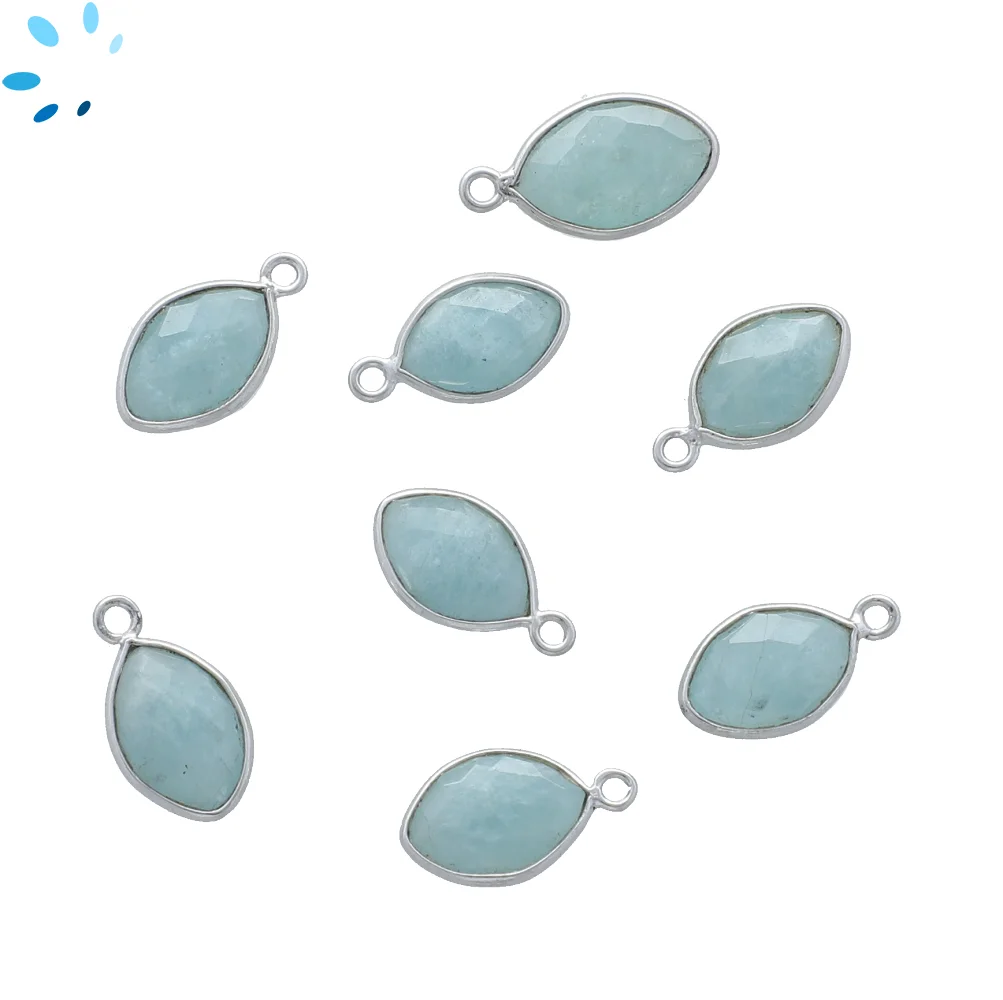 Aquamarine Marquise Bezel Charm Pendant 12x8mm - Platinum Plated Sterling Silver - Set of 4