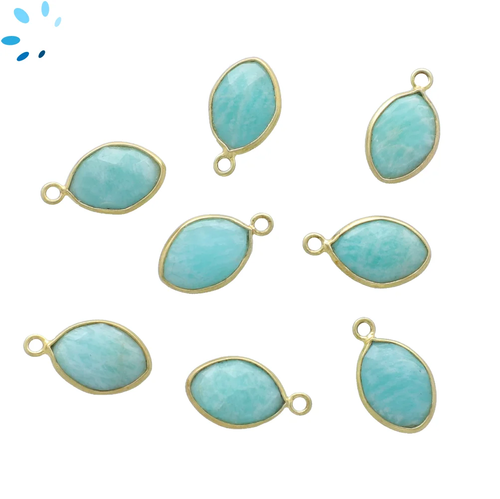 Amazonite Marquise Bezel Pendant Charm 12x8mm - 18k Gold Plated Sterling Silver - Set of 4
