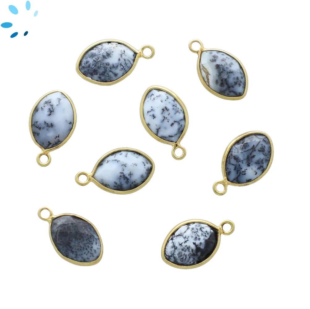 Dendrite Opal Marquise Bezel Charm Pendant 12x8mm - Gold Plated Sterling Silver - Set of 4