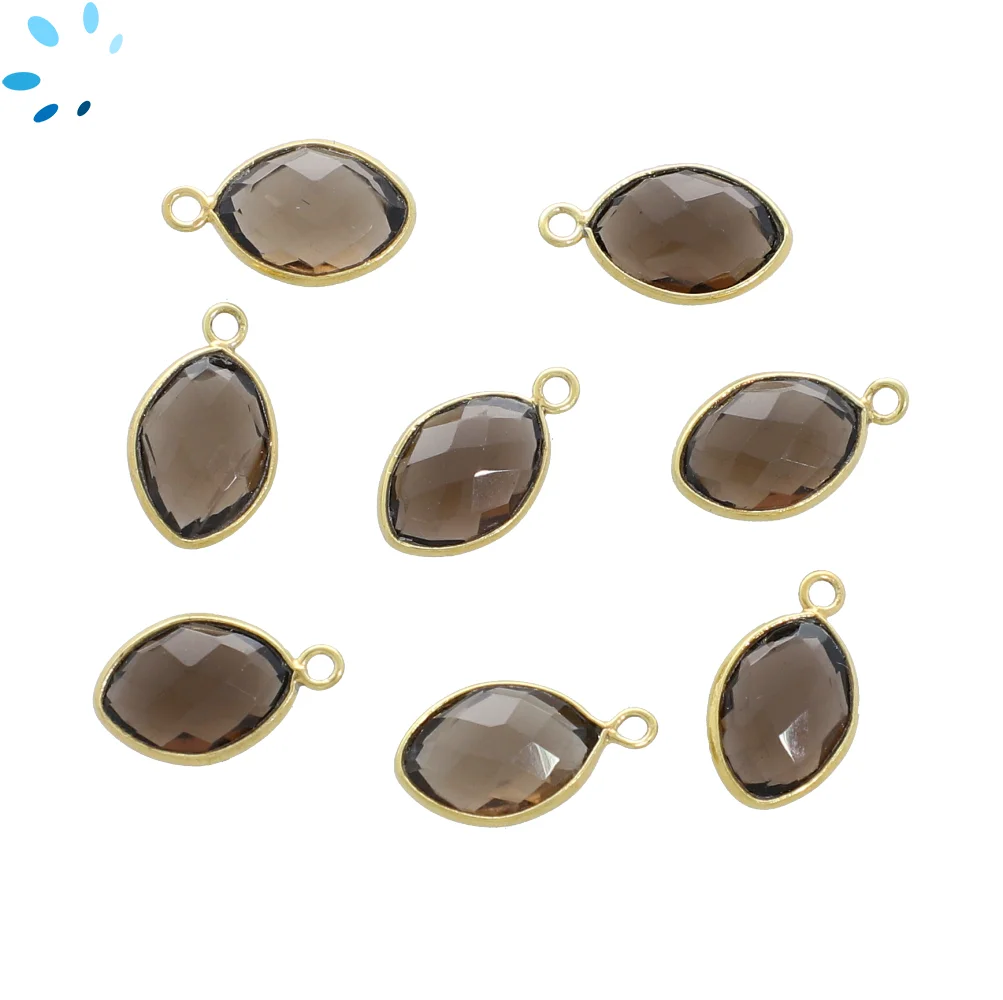Smoky Quartz Marquise Bezel Pendant Charm 12x8mm - 18k Gold Plated Sterling Silver - Set of 4