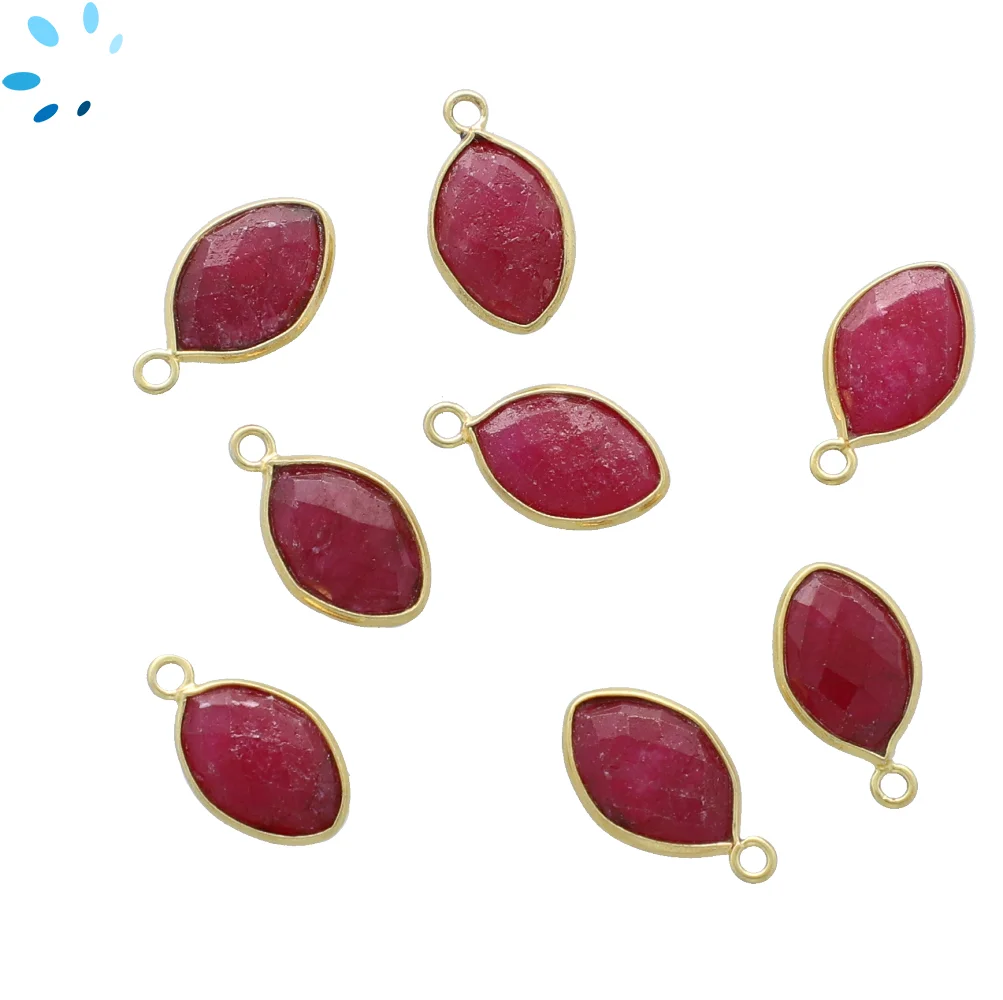 Ruby Dyed Corundum Marquise Bezel Charm Pendant 12x8mm - Gold Plated Sterling Silver - Set of 4