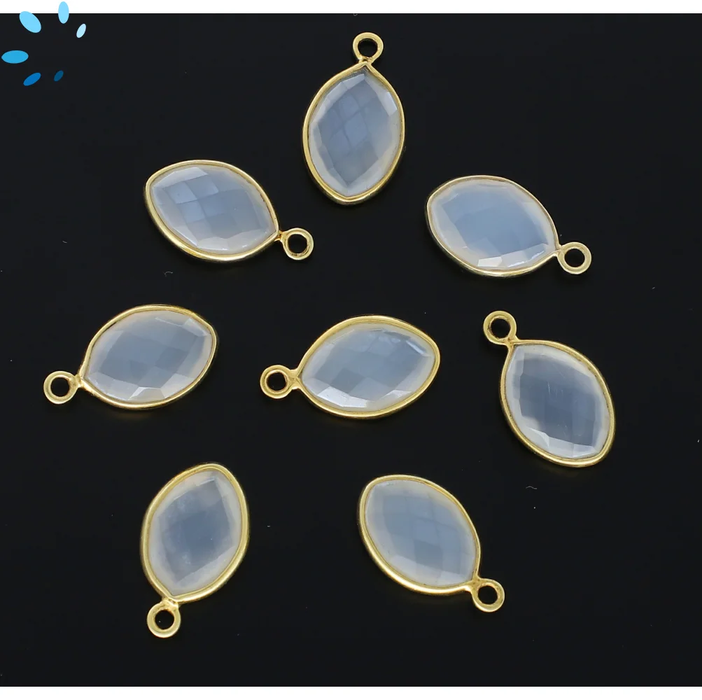White Chalcedony Marquise Bezel Charm Pendant 12x8mm - Gold Plated Sterling Silver - Set of 4