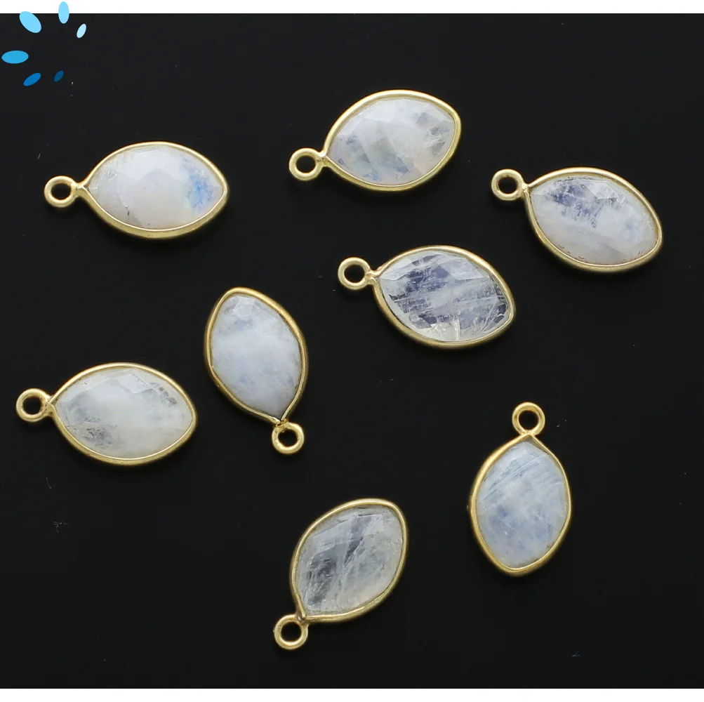 Rainbow Moonstone Marquise Bezel Pendant Charm 12x8mm - 18k Gold Plated Sterling Silver - Set of 4
