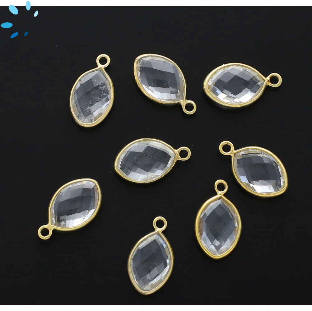 Crystal Quartz Marquise Bezel Charm Pendant 12x8mm - Gold Plated Sterling Silver - Set of 4